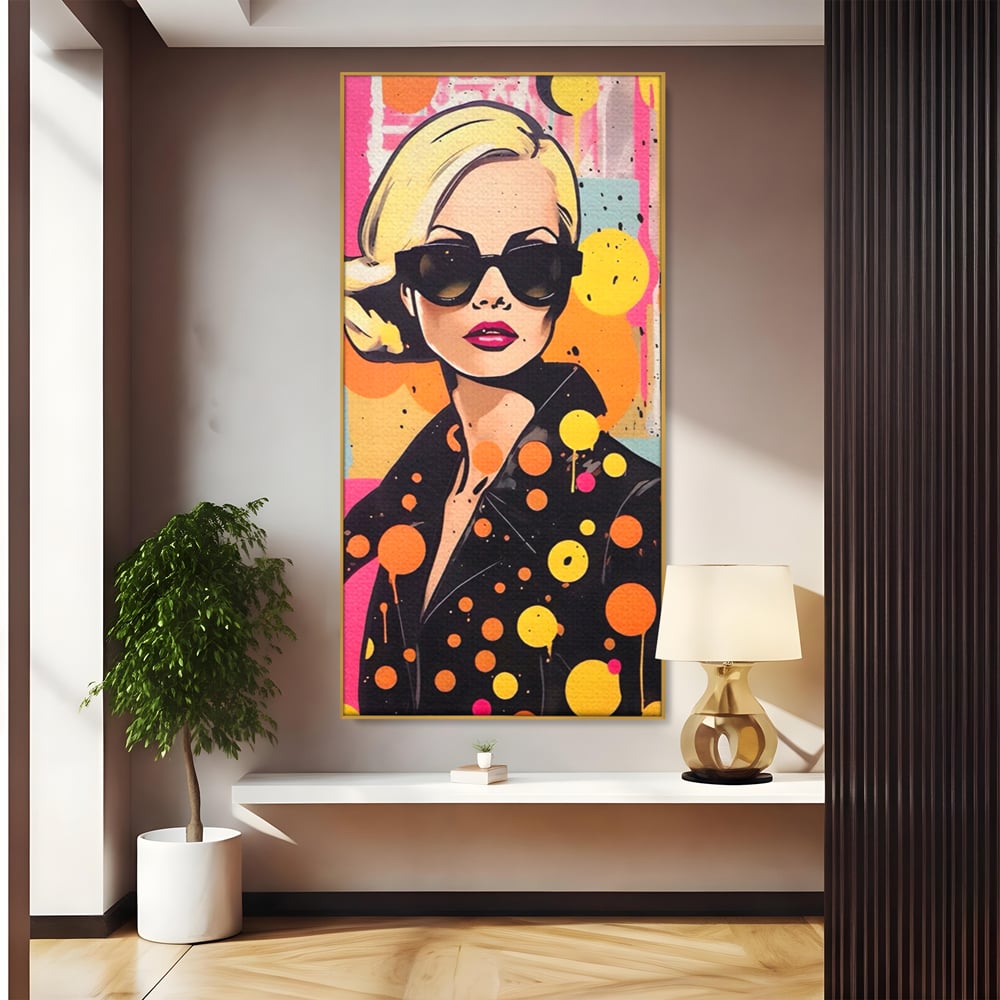 Tablou canvas cu tablou canvas portret femeie ochelari, in rama de aluminiu auriu